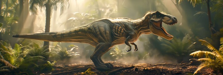 In the primeval jungle, dinosaurs, like the Tyrannosaurus Rex, roamed, embodying ancient wonders and fierce predators.