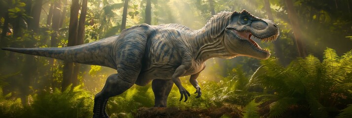 In the primeval forest, a massive dinosaur model stands, representing the ancient reptilian...