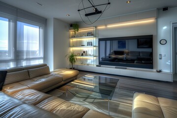 A modern living room featuring an L-shaped leather sofa, a glass coffee table, a large flat-screen TV, and sleek shelving units.