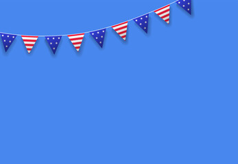 Obraz premium Simple bright blue background with bunting American patriotic flags. Independence day party decorations