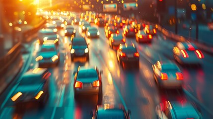 Heavy traffic moving at speed on expressway in city at sunset motion blur.