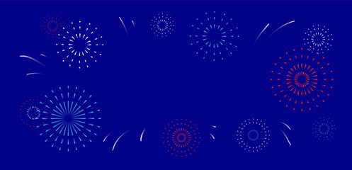 Bastille day background. Vector horizontal illustration with festive fireworks on blue