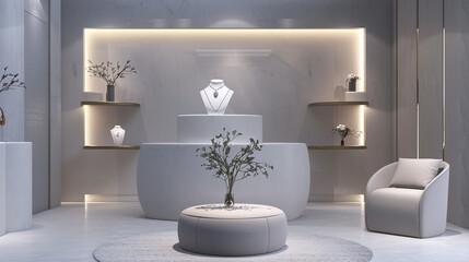 Sophisticated Avant Art Gallery layout displaying contemporary jewelry design in a minimalist, elegant setting, highlighting craftsmanship and artistic vision,