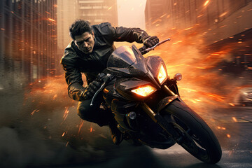 Action shot with man riding away from explosion on bike. Dynamic scene with fire in action movie blockbuster style