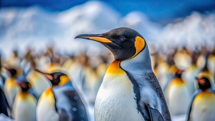 Close-up of a penguin in a snowy colony habitat with blurred background, penguin, colony, snowy, habitat, close-up, wildlife, arctic, bird, animal, nature, cold, ice, adorable, cute