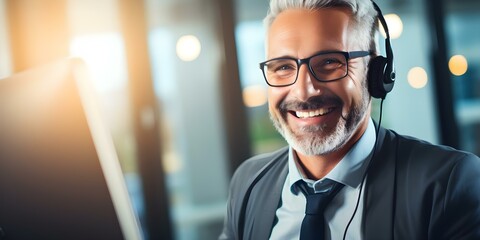 Fototapeta premium Man in a call center office offering customer support and consulting services. Concept Call Center Operations, Customer Support, Consulting Services, Professional Poses, Office Environment