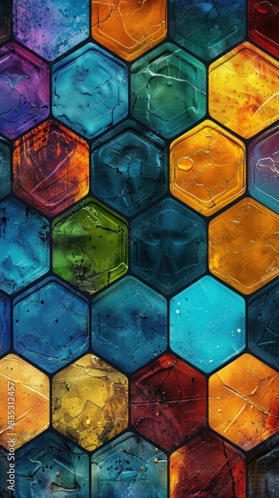 Wall mural intricate honeycomb-inspired design set against a contrasting multicolored backdrop, capturing the e