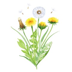 Dandelion flowers bouquet botanical watercolor illustration 