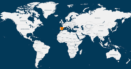 Spain map.Geographical map of Spain with world map highlighted.