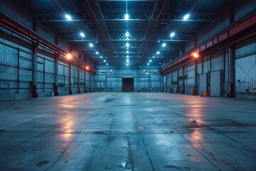 Empty industrial warehouse with lighting
