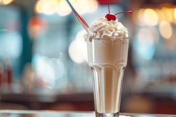 Classic Vanilla Milkshake with Whipped Cream and Cherry Topping in Retro Diner Setting