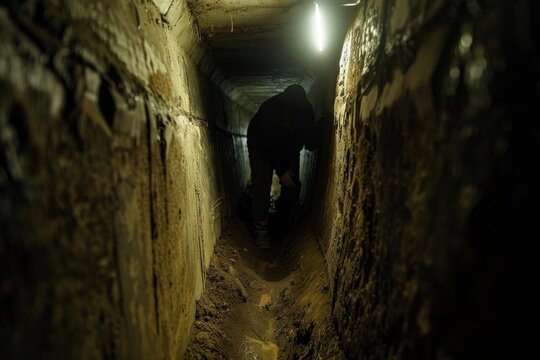 Claustrophobic Exploration in an Underground Tunnel with Flashlight and Narrow Walls
