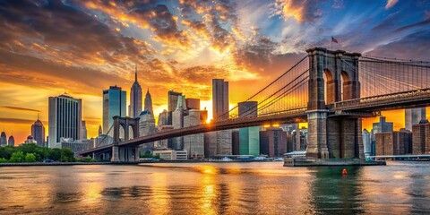 Iconic Brooklyn Bridge at sunset with city skyline in background, sunset, Brooklyn Bridge, New York, cityscape, architecture, iconic, landmark, suspension bridge, urban, structure, East River