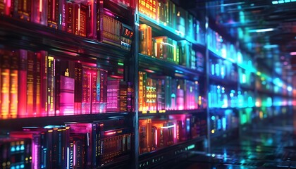 Futuristic digital library with shelves of glowing, multicolored digital books on international case law, business contracts, and market disputes, showcasing advanced technology
