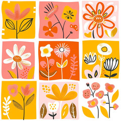 Trendy groovy summer seamless pattern. Funky retro aesthetic prints for contemporary fabric design - floral, checkered, and marble organic shapes. Floral pattern vintage 70s-80s style. 