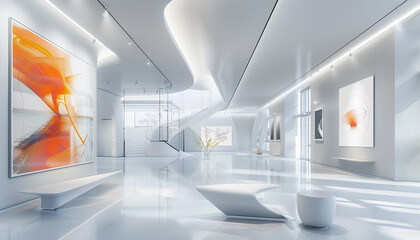 Stylish Avant Art Gallery setup presenting contemporary parametric design art in a bright, high-tech environment, blending computational design and artistic creativity,