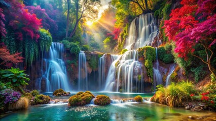 Vibrant and colorful fantasy waterfall surrounded by lush vegetation , fantasy, vibrant, colorful, waterfall, natural, beauty, scenery, enchanted, magical, mystical, exotic, tropical