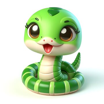 3d chinese happy green snake with happy face, lunar new year theme, white background	