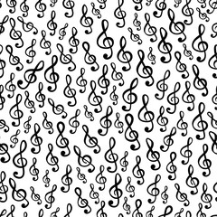 Treble clef music symbols on white background floating over white backdrop in vector seamless pattern. Surface art texture for use in fabric or graphic design or printing on various surfaces.