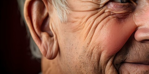 Effects of hearing loss in aging illustrated by closeup of elderly man's ear. Concept Aging, Hearing Loss, Elderly, Closeup Shot, Health Care