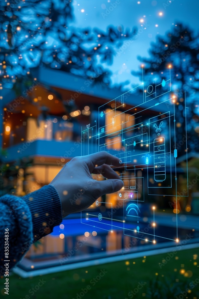 Poster modern technology concept: hand pushing smart home automation control system ui