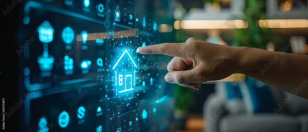 Poster modern technology concept: hand pushing smart home automation control system ui