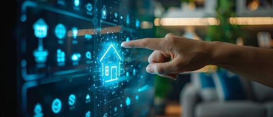 Modern Technology Concept: Hand pushing Smart home Automation Control System Ui