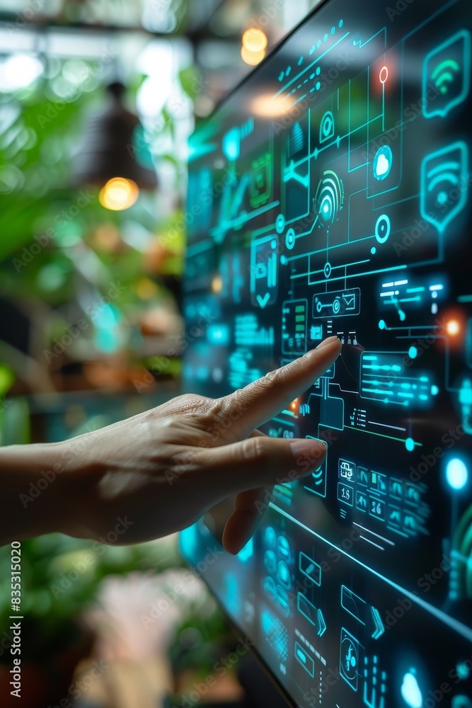 Poster modern technology concept: hand pushing smart home automation control system ui