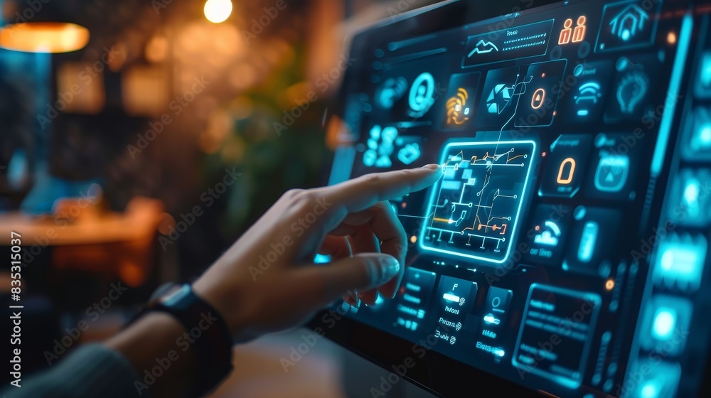 Poster modern technology concept: hand pushing smart home automation control system ui