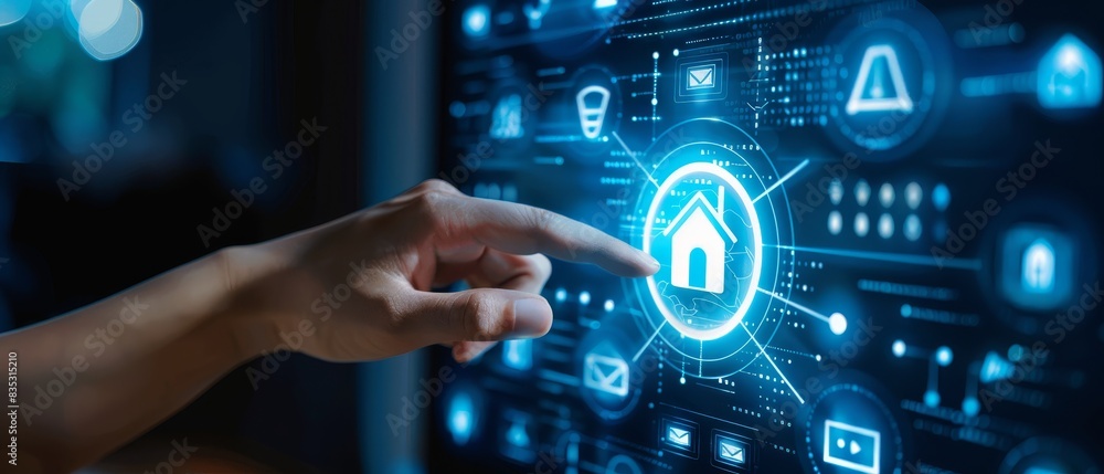 Poster modern technology concept: hand pushing smart home automation control system ui