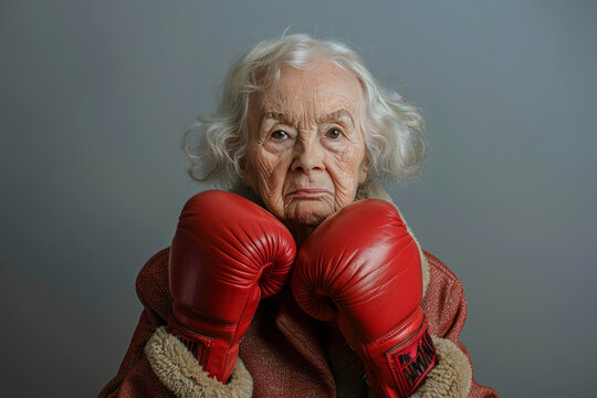Old senior lady in boxing gloves fights
