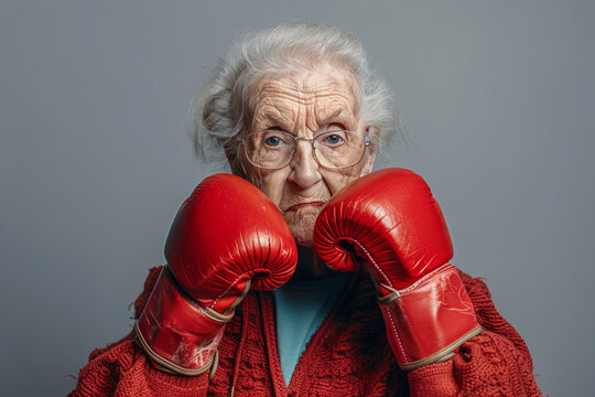 Old senior lady in boxing gloves fights