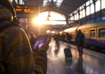 Phone in hand at the station