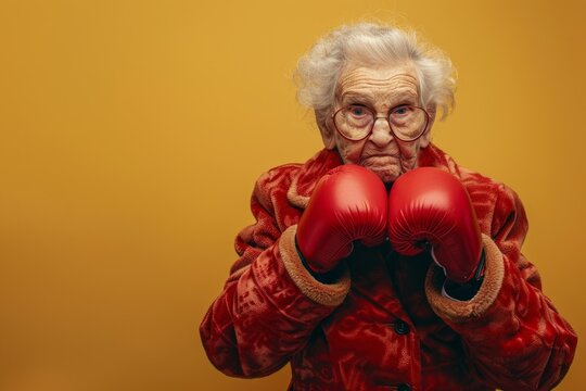 Old senior lady in boxing gloves fights