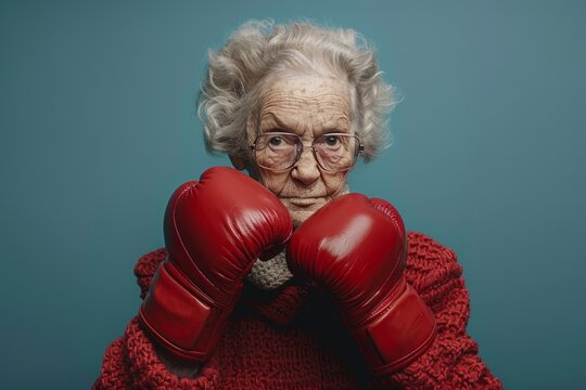 Old senior lady in boxing gloves fights