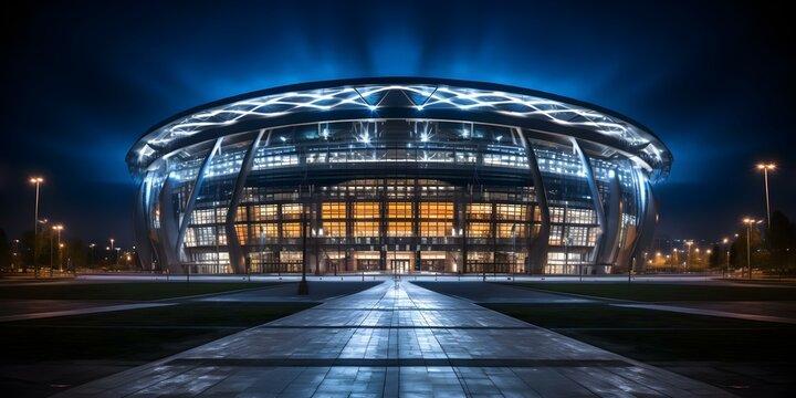 Nighttime view of a football stadium showcasing its architectural design and lighting. Concept Architecture, Lighting, Nighttime View, Football Stadium, Photography