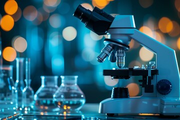 Science Laboratory Research and Development Concept with Microscope and Lab Glassware