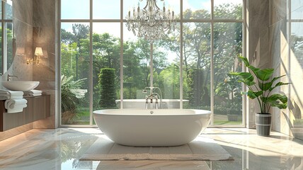 Fototapeta premium Step into luxury with this modern American bathroom featuring a double vanity sink, elegant marble countertops, and soft ambient lighting