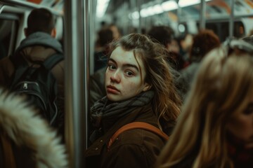 Rush Hour Subway Commute with a Distressed Individual Seeking Exit Amidst a Crowded Car