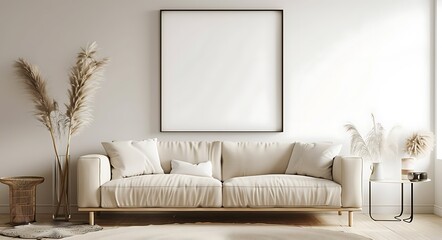 Blank horizontal poster frame mock up in scandinavian style living room interior, modern living room interior background, beige sofa and pampas grass, 3d rendering