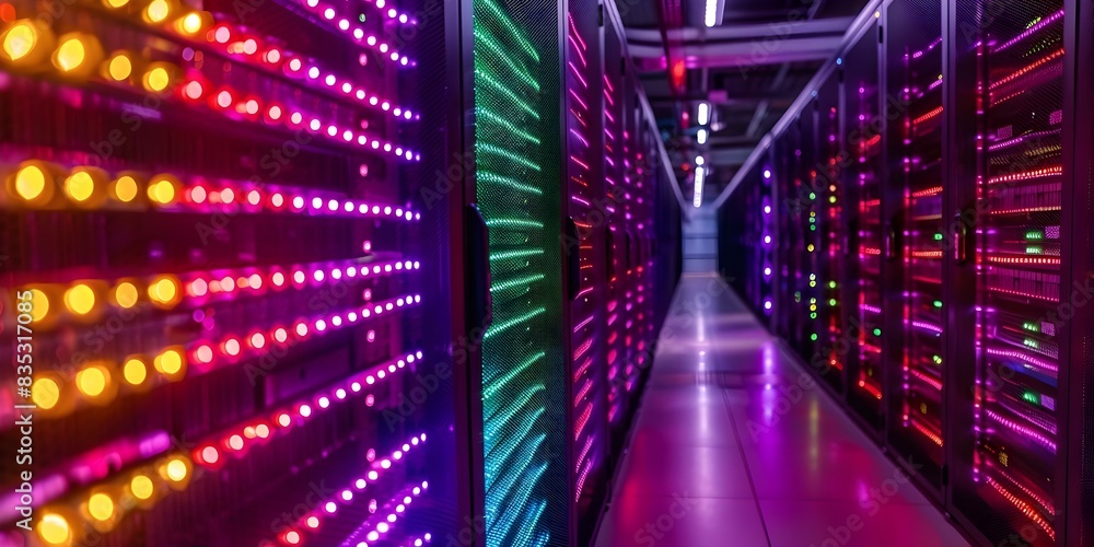 Poster vibrant led lights enhance the look of a data center server rack in a network room. concept data cen