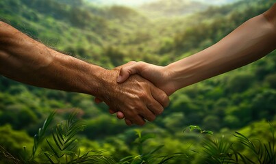 Handshake with a scenic, untouched natural landscape backdrop rich in greenery, symbolizing a mutual commitment to preserving the natural world for future generations.