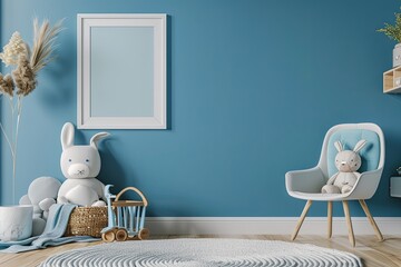 Mock Up Posters in Child Room Interior with Blue Wall Background. 8K Ultra HD Resolution, Elegant and Modern Design, Accurate and Detailed Elements, Perfect for Nursery or Playroom Decor.