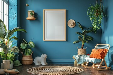 Mock Up Posters in Child Room Interior with Blue Wall Background. 8K Ultra HD Resolution, Elegant and Modern Design, Accurate and Detailed Elements, Perfect for Nursery or Playroom Decor.