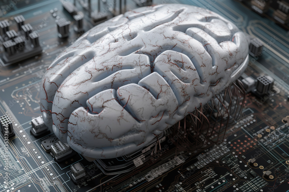 Poster Artificial intelligence science concept with technological AI brain on the circuit board.