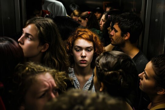 Confined Space: Crowded Elevator with Distressed Individuals, Highlighting Urban Life Challenges