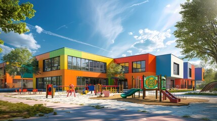 colorful preschool building exterior on sunny day