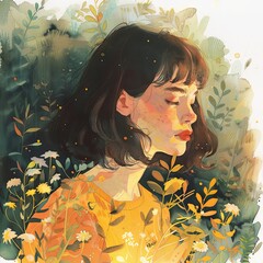 Painting of a woman's face on a floral background. A girl is dreaming about something. Colorful abstract painting in watercolor style. The concept of unity of nature and man. Drawing for card or print