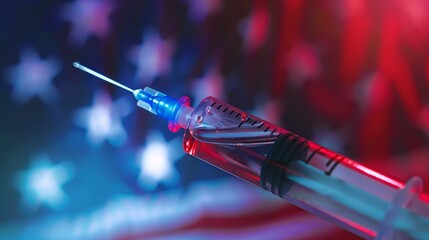 Medical syringe with a red, white, and blue background, capturing themes of healthcare and national pride. Ideal for healthcare and patriotic imagery