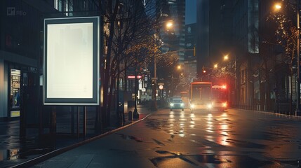 Nighttime cityscape with a vertical ad stand mockup, featuring a blank white surface for customizable ads